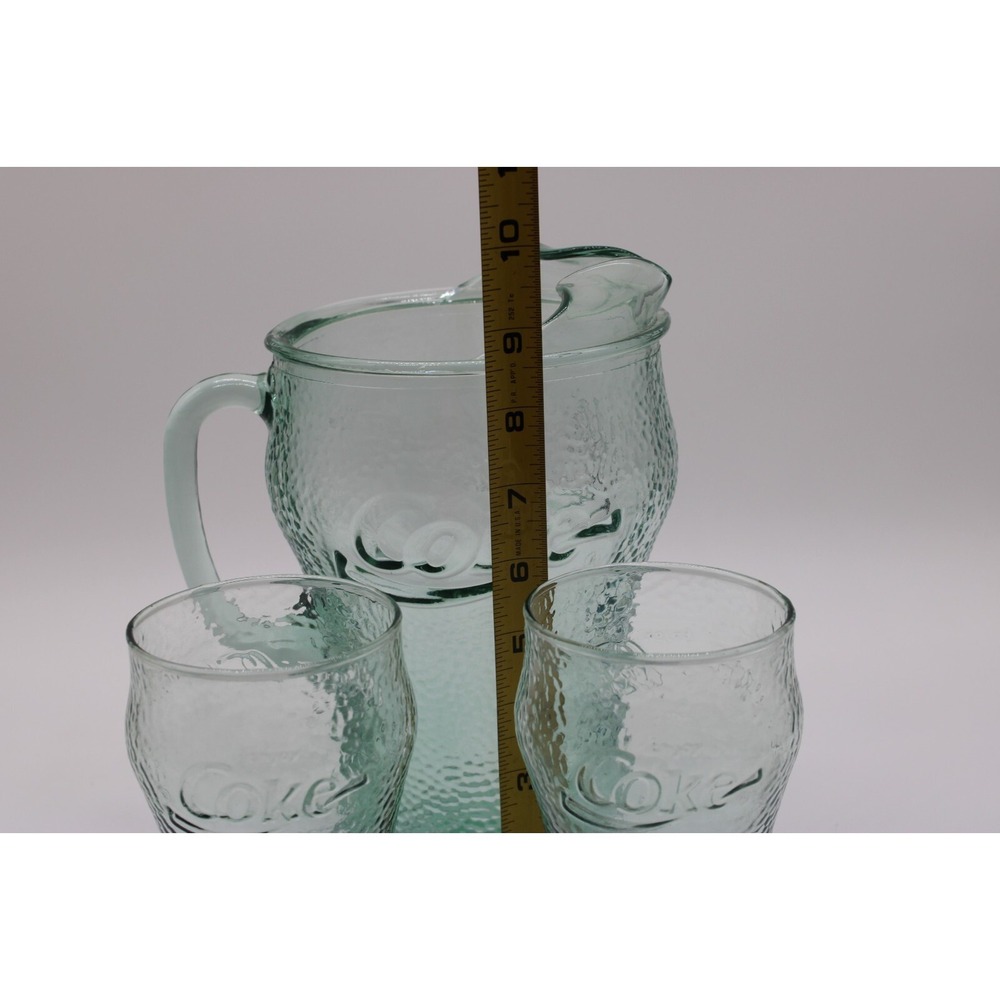 Vintage Coca Cola Pitcher and 2 Glasses Set Pebbled Green Glass Coke - Picture 11 of 11